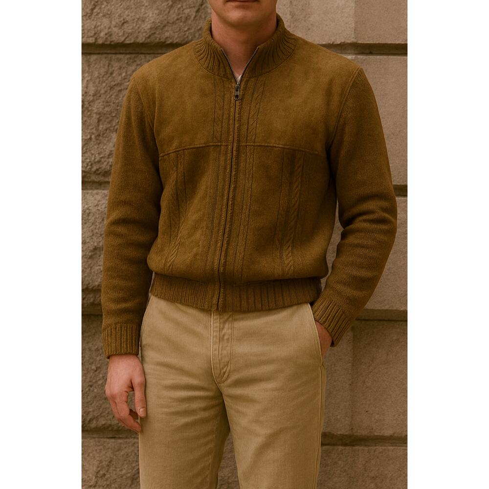 1970s Inserch Cognac Wool Cable Knit Faux Suede Full Old Money Sweater Jacket L